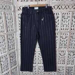 Rita Ora X Primark Black Diamante Pinstripe Grunge STRAIGHT Leg Jeans Size 10